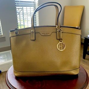 Henri Bendel handbag; top handle and removable long strap; gold